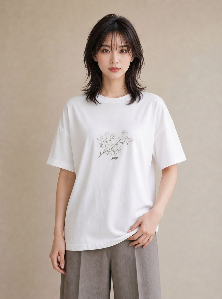 Tシャツ レディース カスミソウ かすみ草 花 花柄 イラスト ラフ 在宅 公園 白T