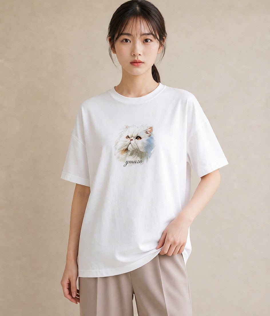 デザインTシャツ レディース メインクーン 猫 ねこ イラスト 普段使い 旅行 母娘コーデ 白T YMAZO