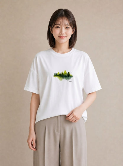 Tシャツ レディース 森 植物 ボタニカル イラスト 線画 カジュアルコーデ 買い物 白T YMAZO