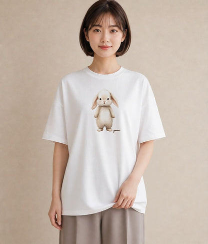 デザインTシャツ レディース ウサギ系野生 動物 アニマル イラスト ボタニカル ママ カフェ服 白T YMAZO