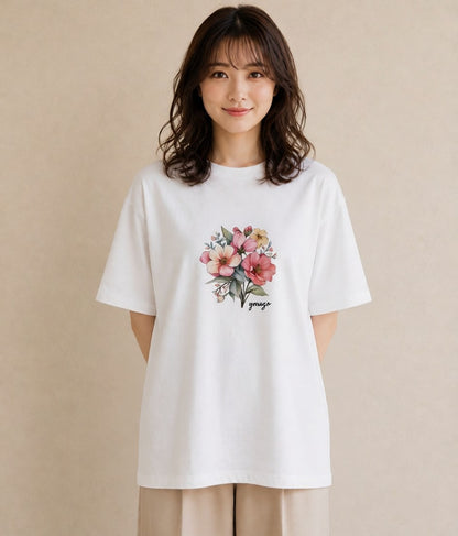 Tシャツ レディース コスモス 秋桜 花 花柄 イラスト ラフカジュアル おしゃれギフト 社会人 白T YMAZO