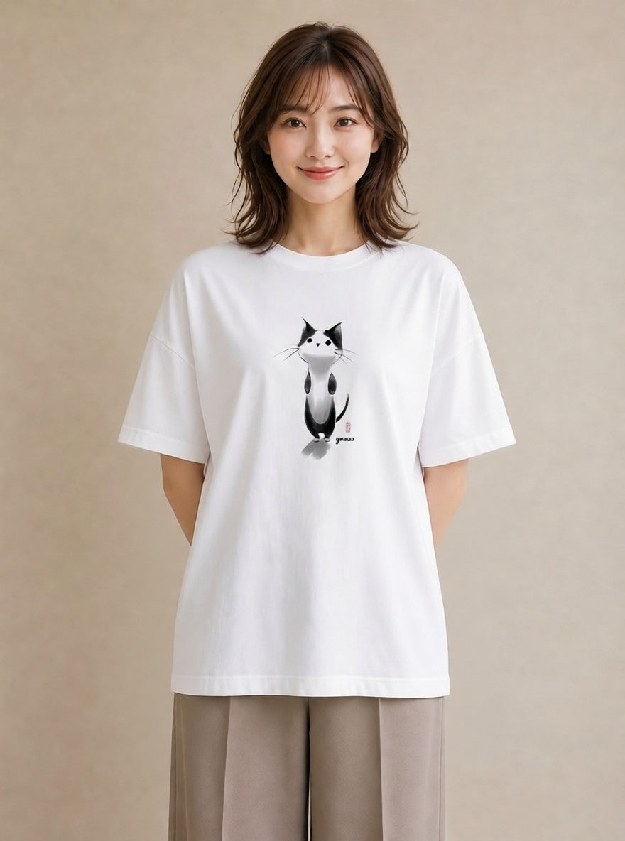 半袖Tシャツ レディース ハチワレ 白黒猫 猫 ねこ イラスト 抜け感 公園 ママ 白T YMAZO