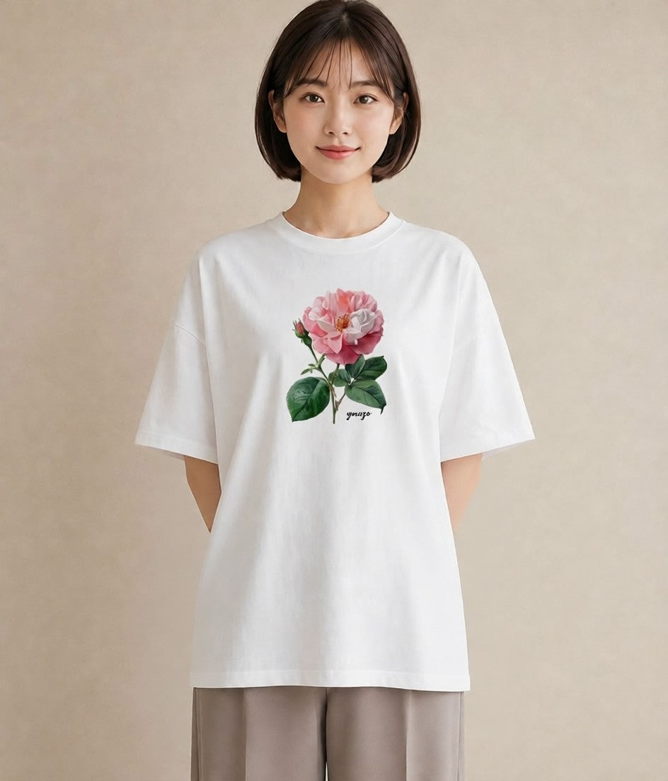 半袖Tシャツ レディース バラ 薔薇 ローズ 花 花柄 イラスト ボタニカル カフェ服 クリスマス 白T YMAZO