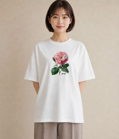 半袖Tシャツ レディース バラ 薔薇 ローズ 花 花柄 イラスト ボタニカル カフェ服 クリスマス 白T YMAZO