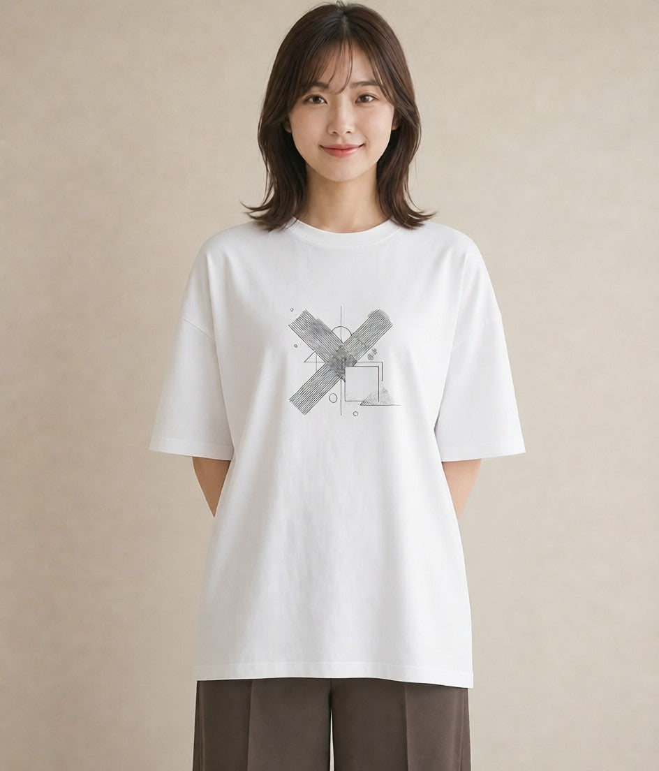 デザインTシャツ レディース 幾何学 ミニマル ジオメトリック イラスト ポップ 通学 誕生日プレゼント 白T YMAZO