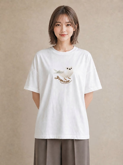 プリントTシャツ レディース シロフクロウ 動物 アニマル イラスト 韓国風 ホワイトデー 春服 白T YMAZO