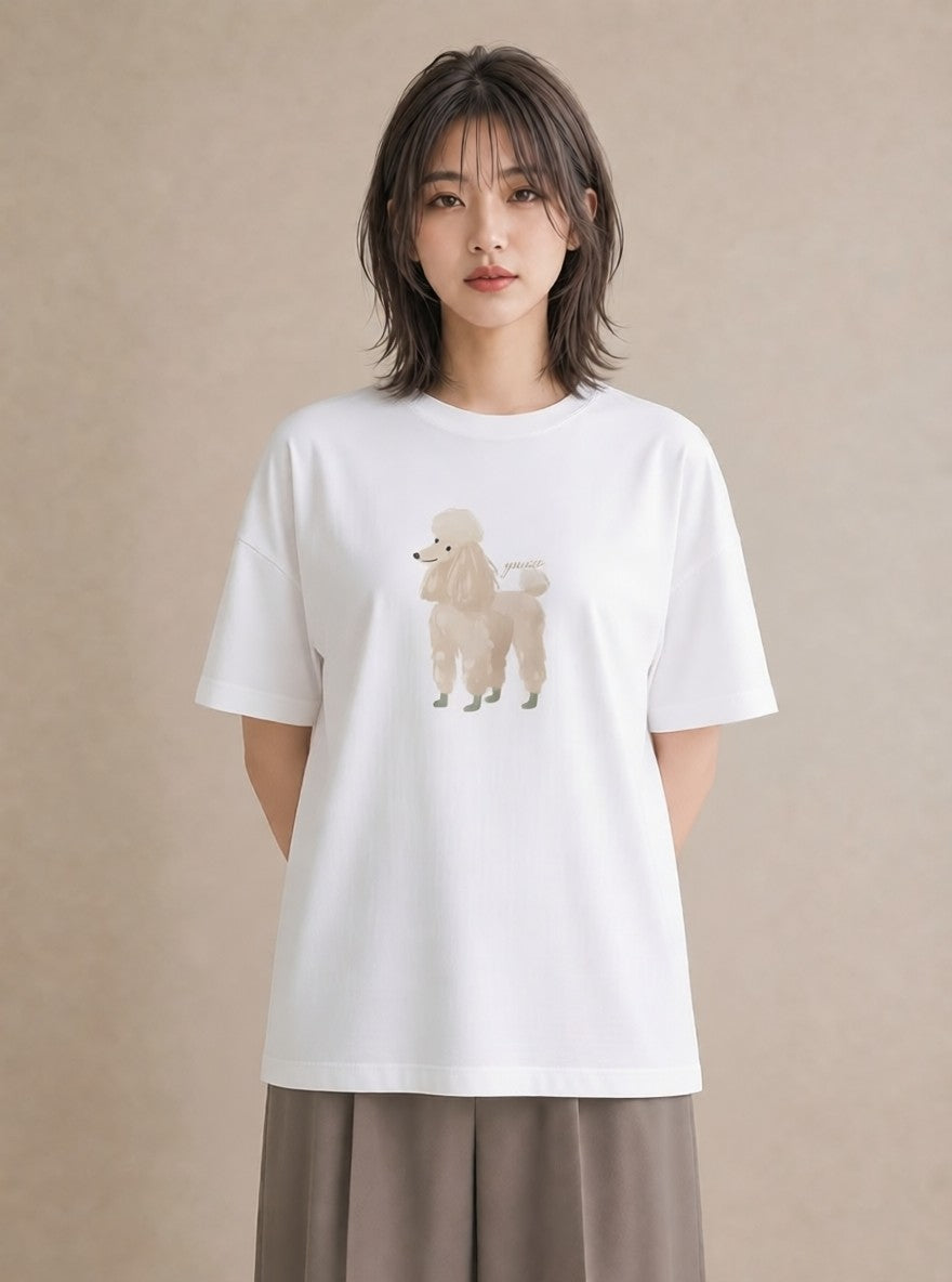 グラフィックTシャツ レディース トイプードル プードル 犬 いぬ イラスト 可愛い 春服 ミセス 白T YMAZO