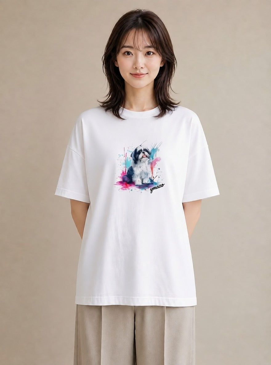Tシャツ レディース 狆 犬 いぬ イラスト こなれ感 休日 ペアコーデ 白T YMAZO