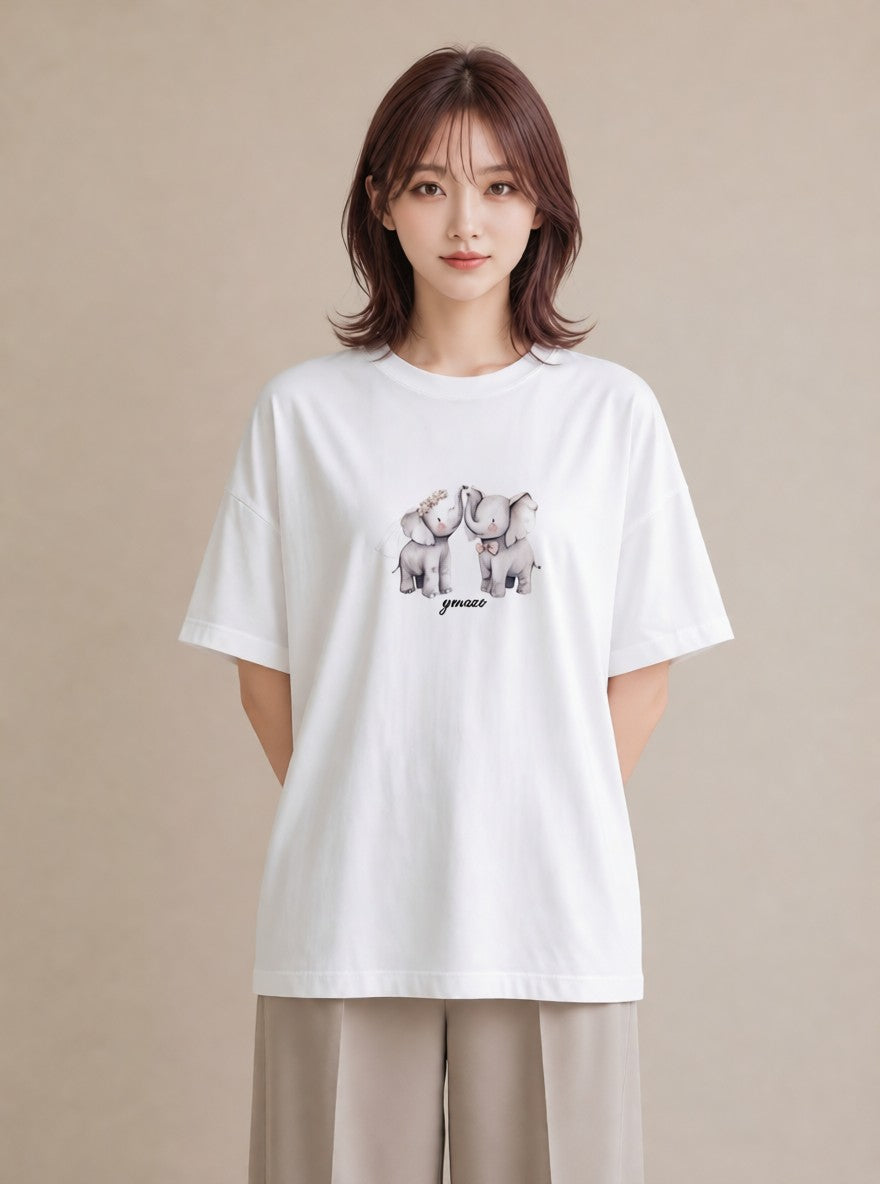 プリントTシャツ レディース ぞう 動物 アニマル イラスト ゆるかわ カフェ巡り 女子会 白T YMAZO