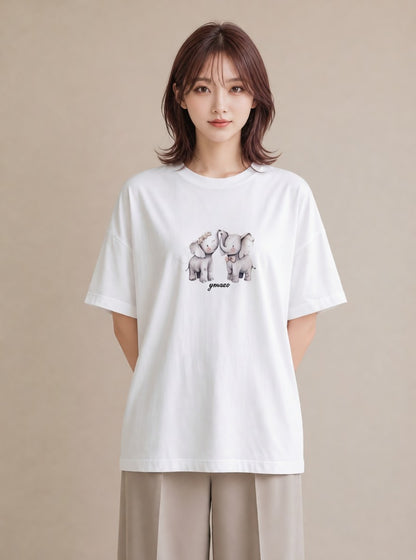 プリントTシャツ レディース ぞう 動物 アニマル イラスト ゆるかわ カフェ巡り 女子会 白T YMAZO