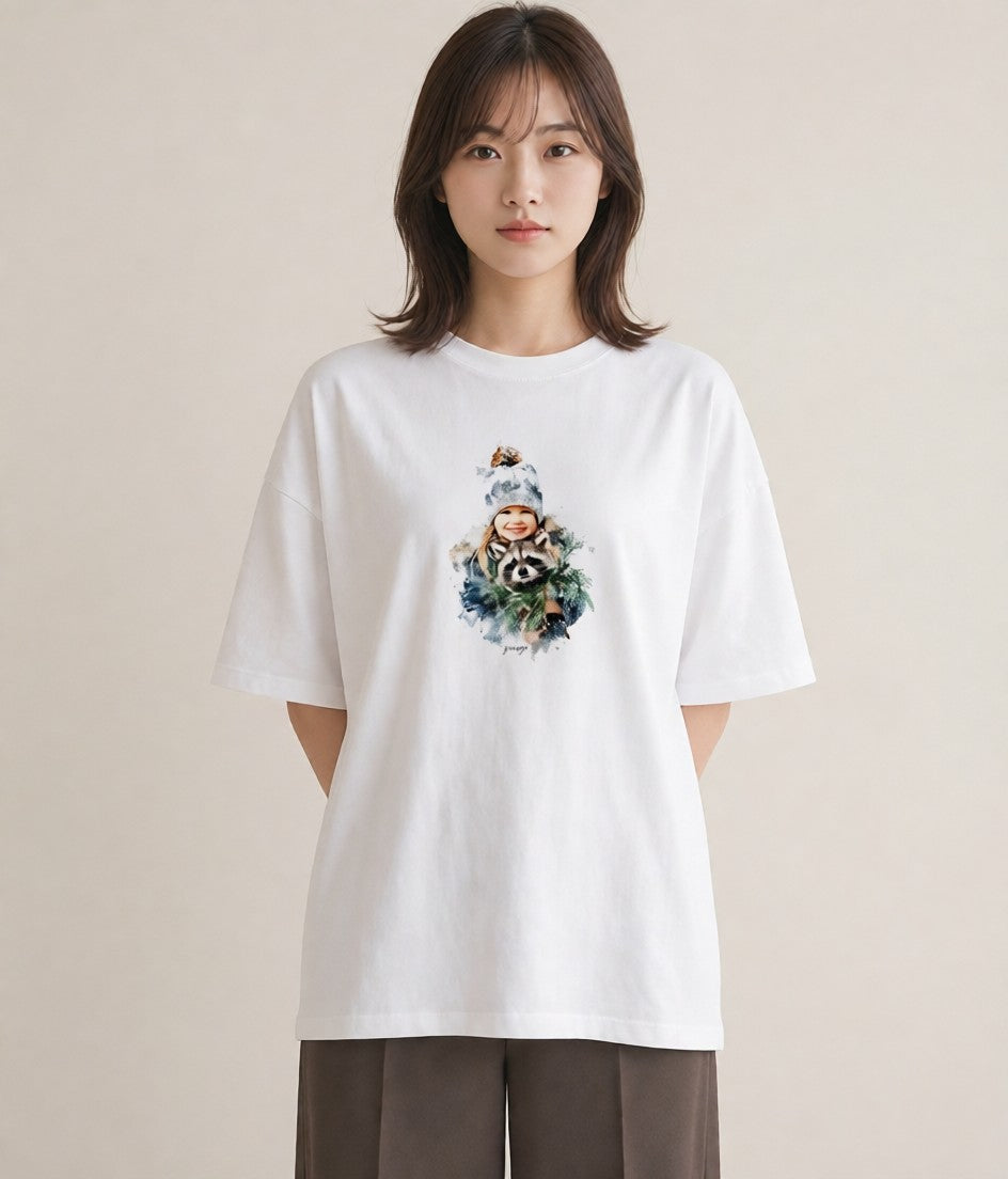 半袖Tシャツ レディース たぬき 動物 アニマル イラスト シック お揃い 親子 白T YMAZO