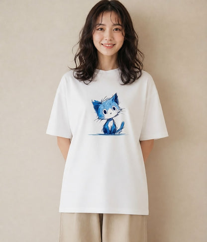 グラフィックTシャツ レディース ロシアンブルー 猫 ねこ イラスト ナチュラル ビーチ デイリーウェア 白T YMAZO
