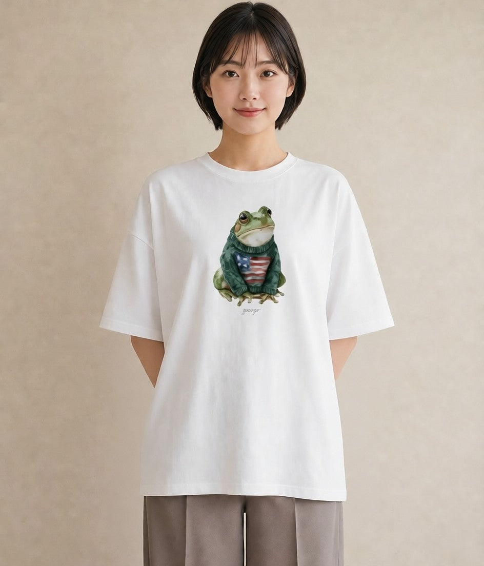 グラフィックTシャツ レディース アマガエル ペット 動物 イラスト 休日コーデ 旅行用 海 白T YMAZO