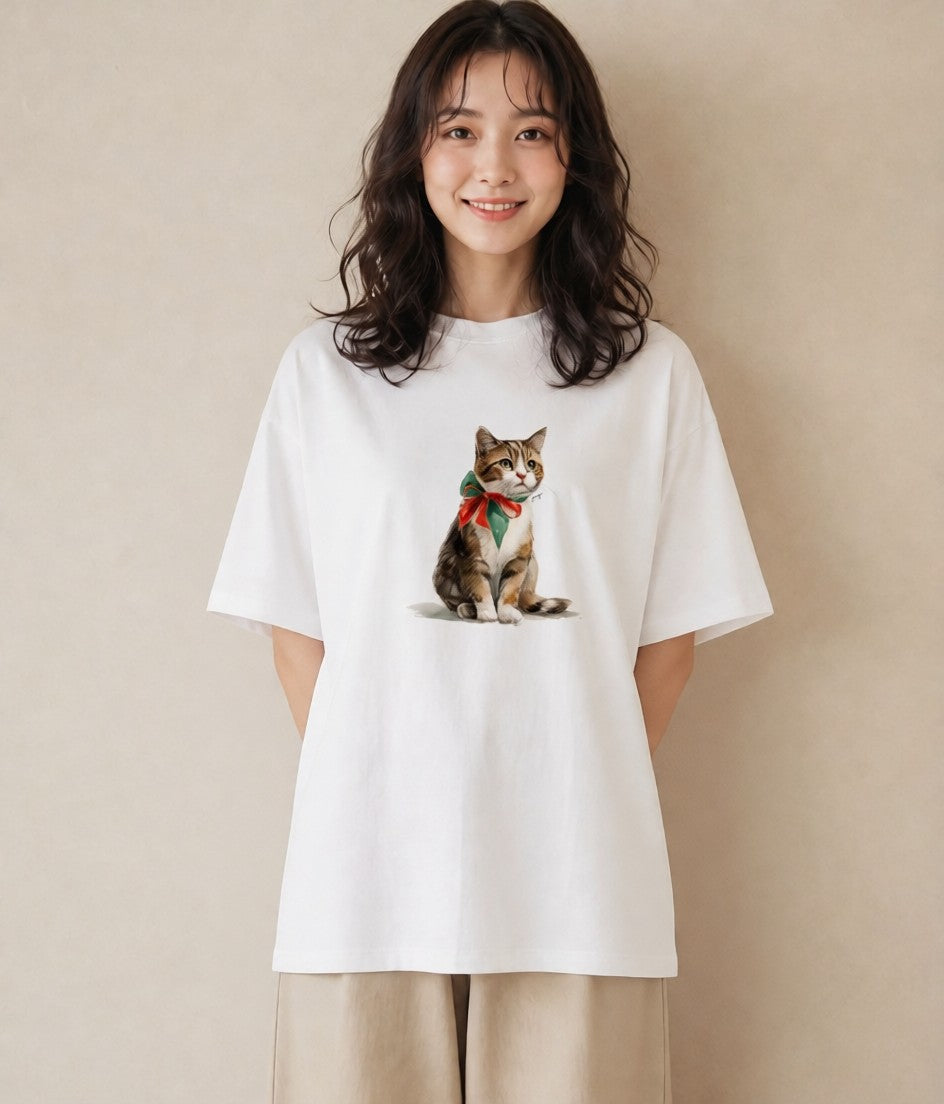 Tシャツ レディース スコティッシュフォールド 猫 ねこ イラスト ミニマル カフェ服 クリスマス 白T YMAZO