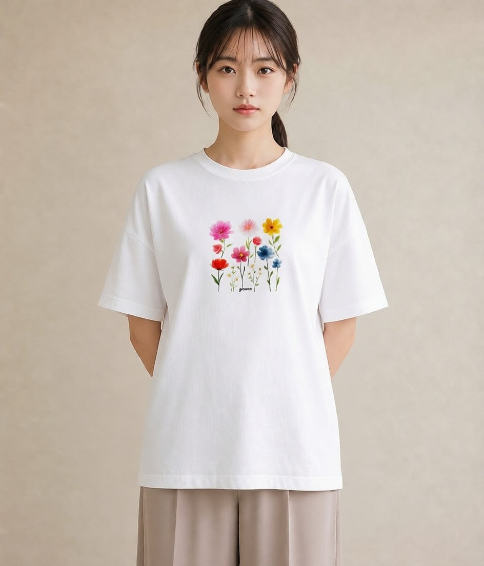 プリントTシャツ レディース コスモス 秋桜 花 花柄 イラスト ニュアンス レイヤード 友達ギフト 白T YMAZO