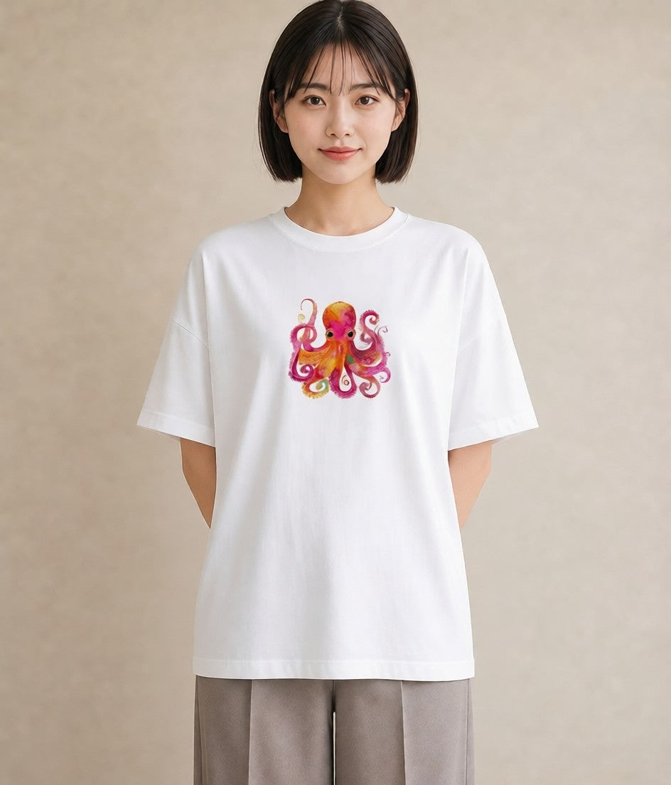 プリントTシャツ レディース イカ 海の生き物 海 イラスト シック お出かけ 普段着 白T YMAZO
