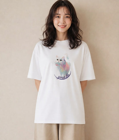 デザインTシャツ レディース 三毛猫 みけねこ 三毛 猫 ねこ イラスト シンプル ペアコーデ 秋コーデ 白T YMAZO