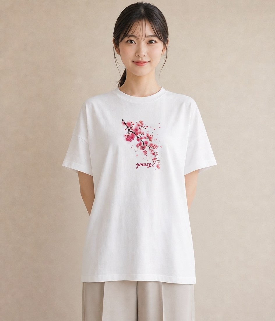 グラフィックTシャツ レディース さくら 桜 サクラ 花 花柄 イラスト カフェコーデ カジュアルコーデ 買い物 白T YMAZO