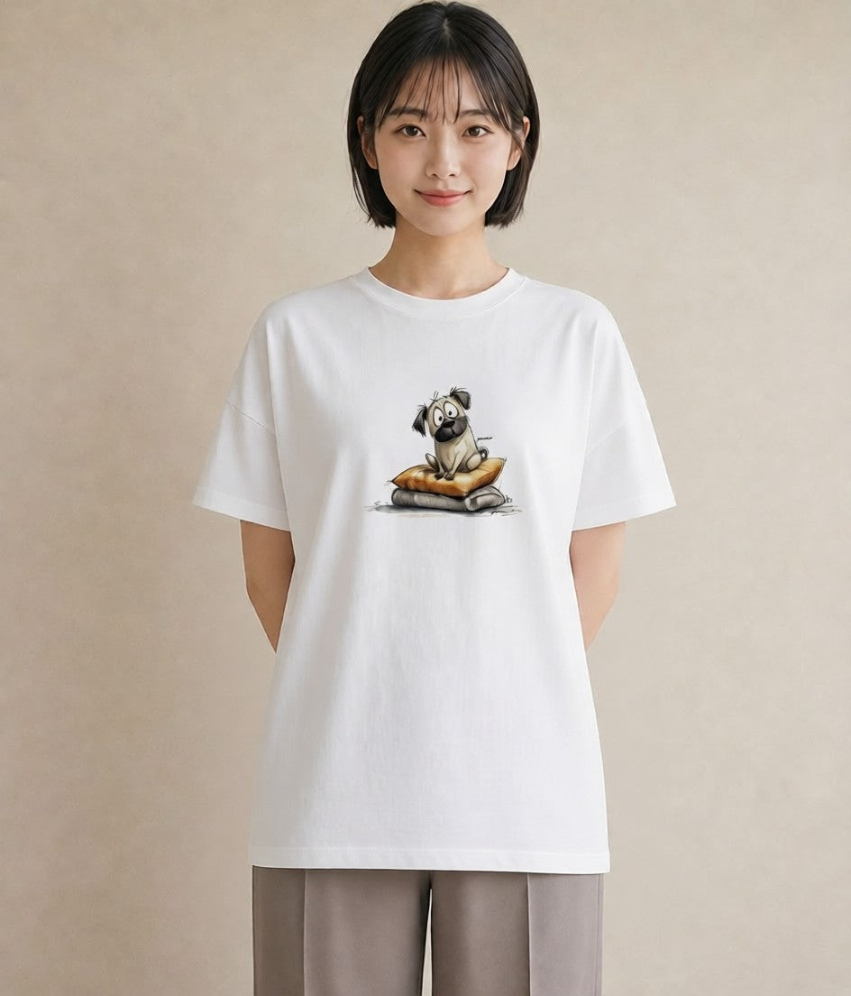 グラフィックTシャツ レディース パグ 犬 いぬ イラスト カフェコーデ カジュアルコーデ 買い物 白T YMAZO