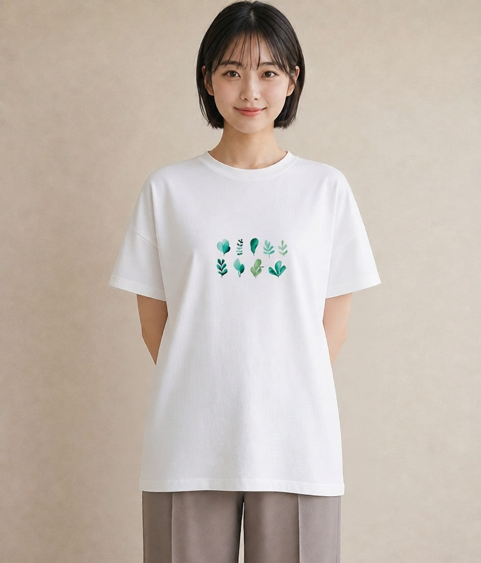 Tシャツ レディース 新緑 植物 ボタニカル イラスト 可愛い ミセス 春コーデ 白T YMAZO