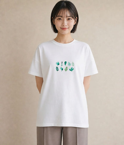 Tシャツ レディース 新緑 植物 ボタニカル イラスト 可愛い ミセス 春コーデ 白T YMAZO