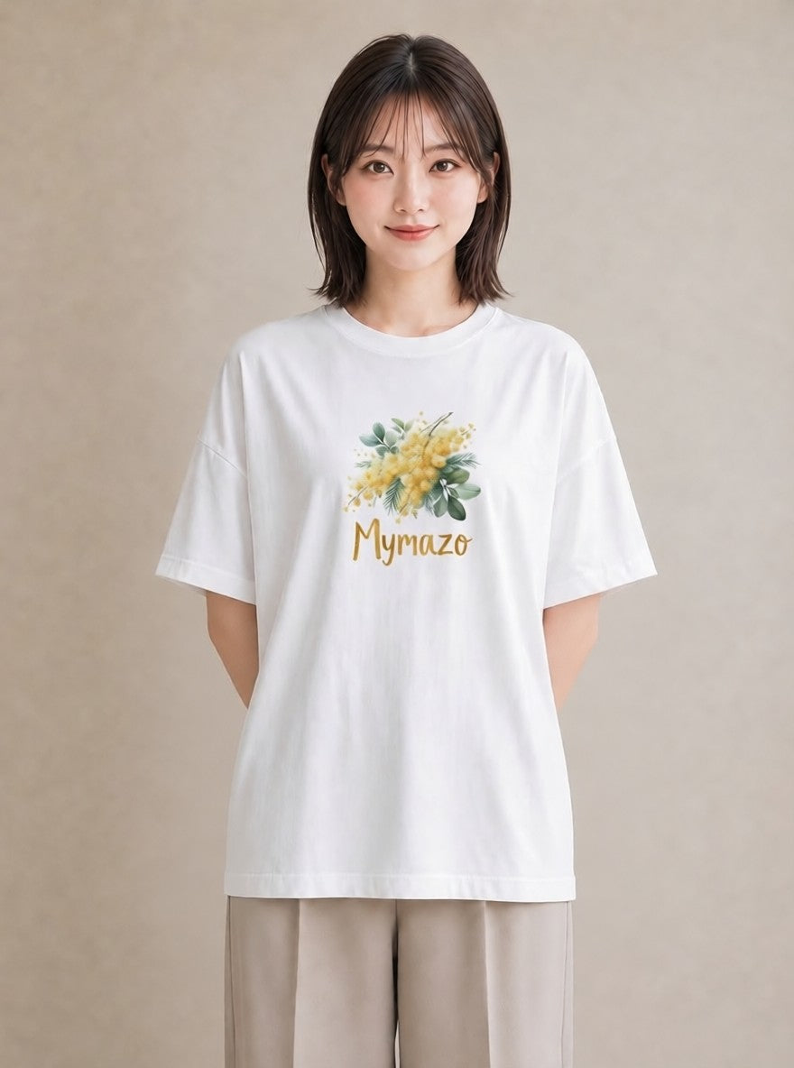 半袖Tシャツ レディース ミモザ 花 花柄 イラスト きれいめ 送別ギフト 通勤 白T YMAZO