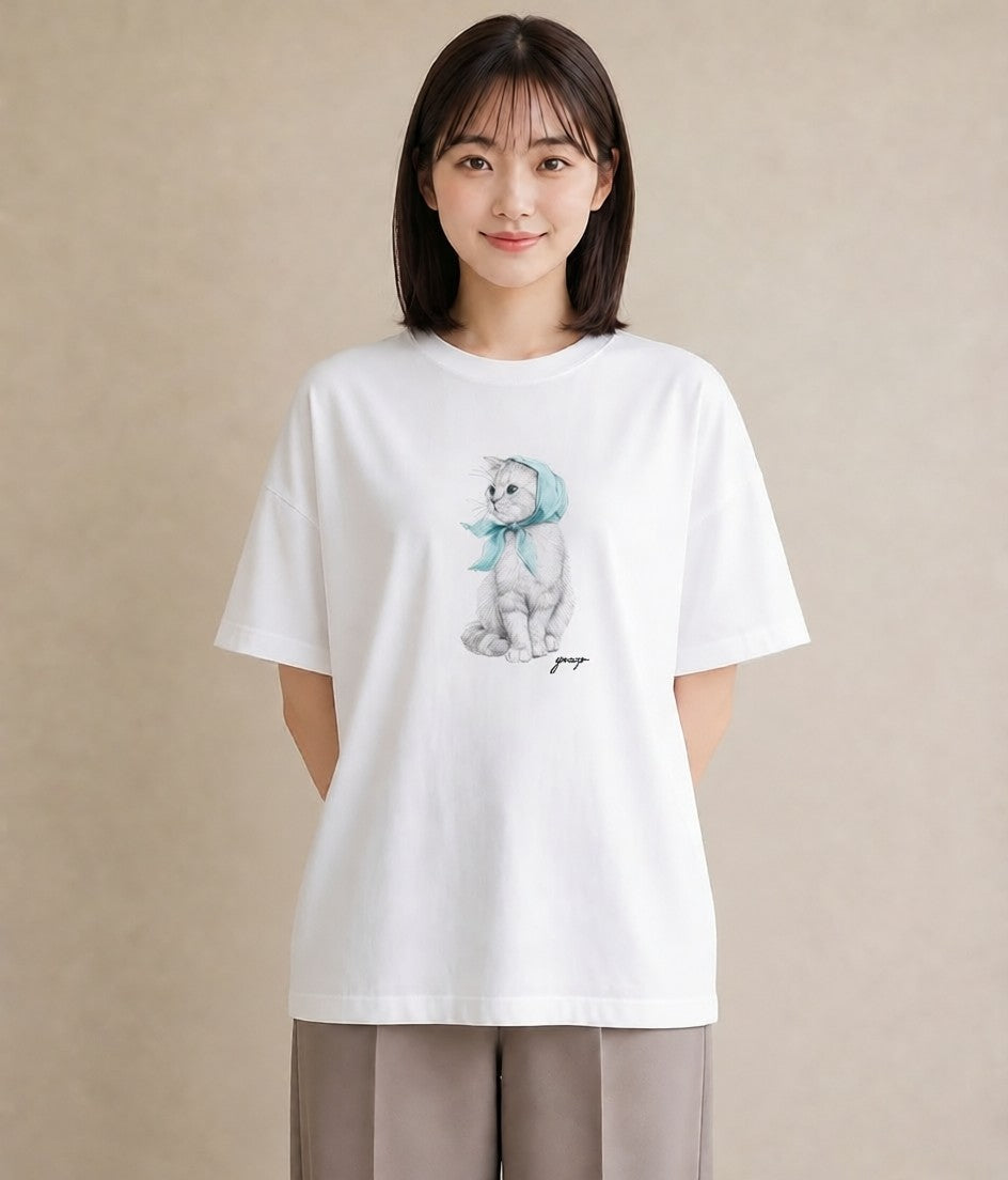 グラフィックTシャツ レディース ロシアンブルー 猫 ねこ イラスト お洒落 女性向けギフト 散歩 白T YMAZO