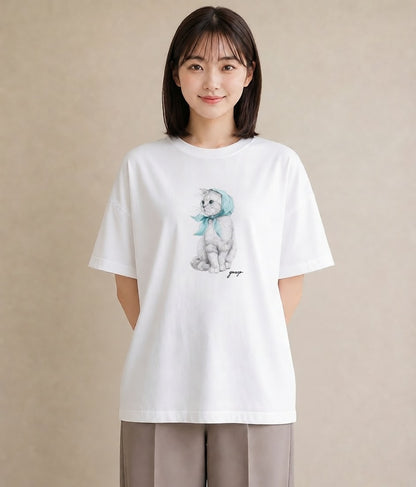 グラフィックTシャツ レディース ロシアンブルー 猫 ねこ イラスト お洒落 女性向けギフト 散歩 白T YMAZO
