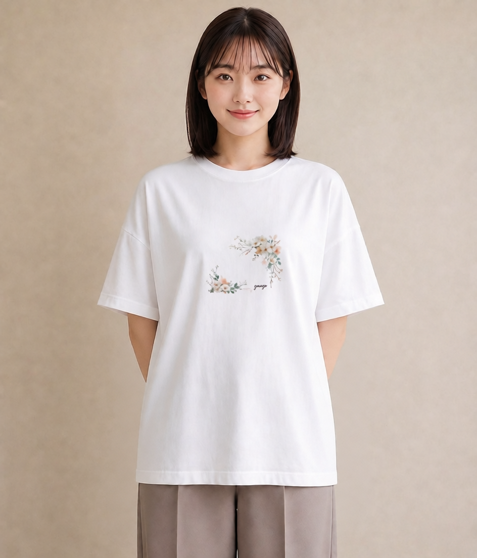 半袖Tシャツ レディース カスミソウ かすみ草 花 花柄 イラスト 手描き風 散歩 お出かけ 白T YMAZO