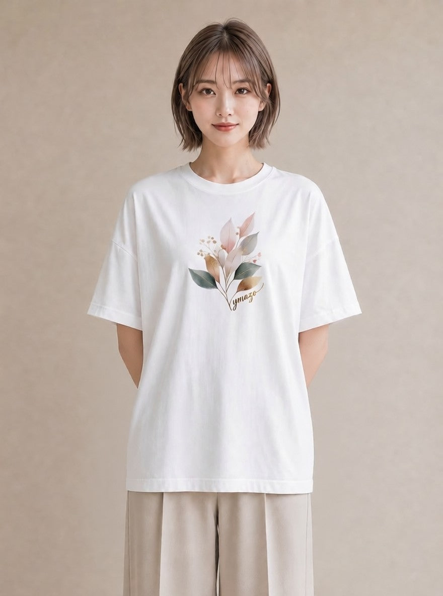 デザインTシャツ レディース 落ち葉 植物 ボタニカル イラスト フェミニン カフェ巡り 女子会 白T YMAZO
