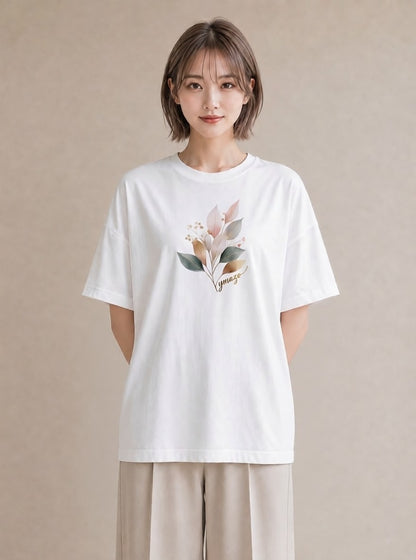デザインTシャツ レディース 落ち葉 植物 ボタニカル イラスト フェミニン カフェ巡り 女子会 白T YMAZO