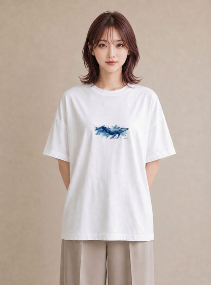 半袖Tシャツ レディース クジラ 海の生き物 海 イラスト ラフ 自分用 ルームウェア 白T YMAZO