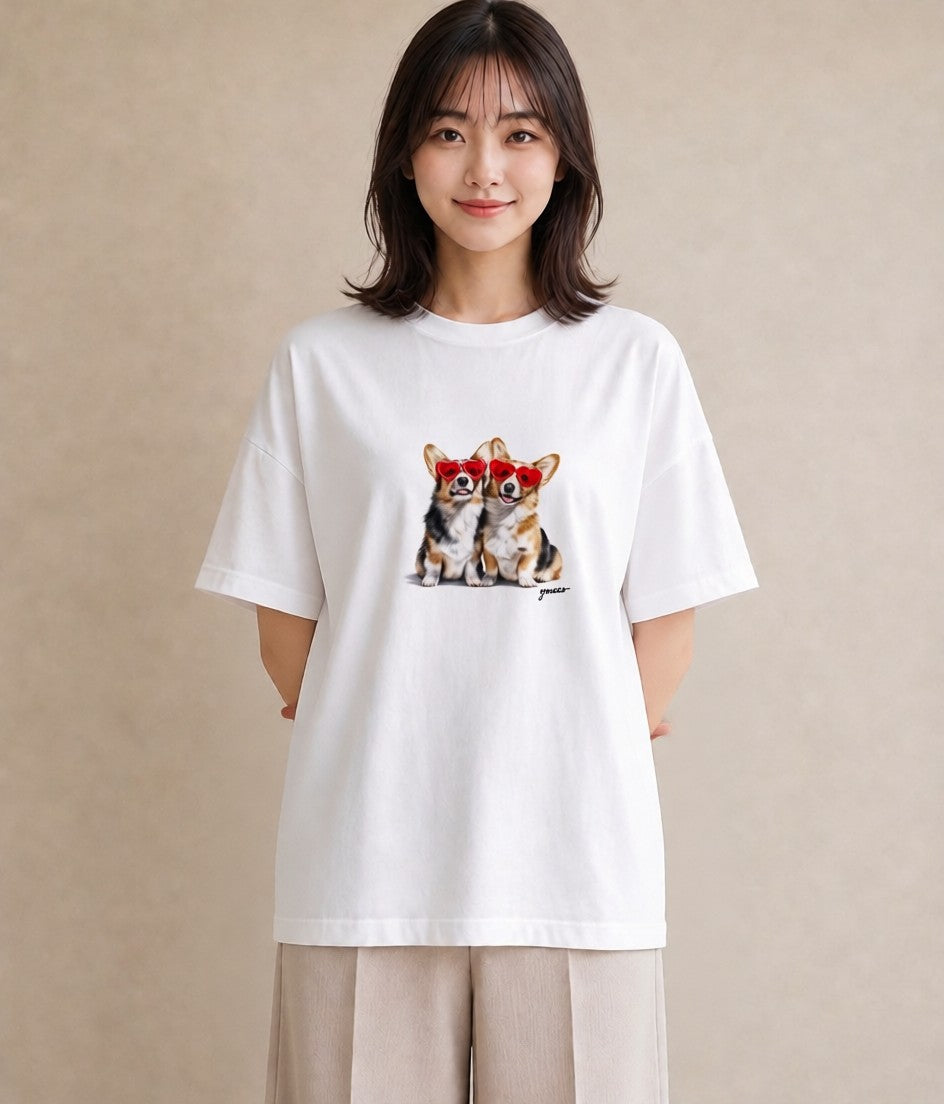 デザインTシャツ レディース ウェルシュコーギー コーギー 犬 いぬ イラスト ポップ 女子会 お揃い 白T YMAZO
