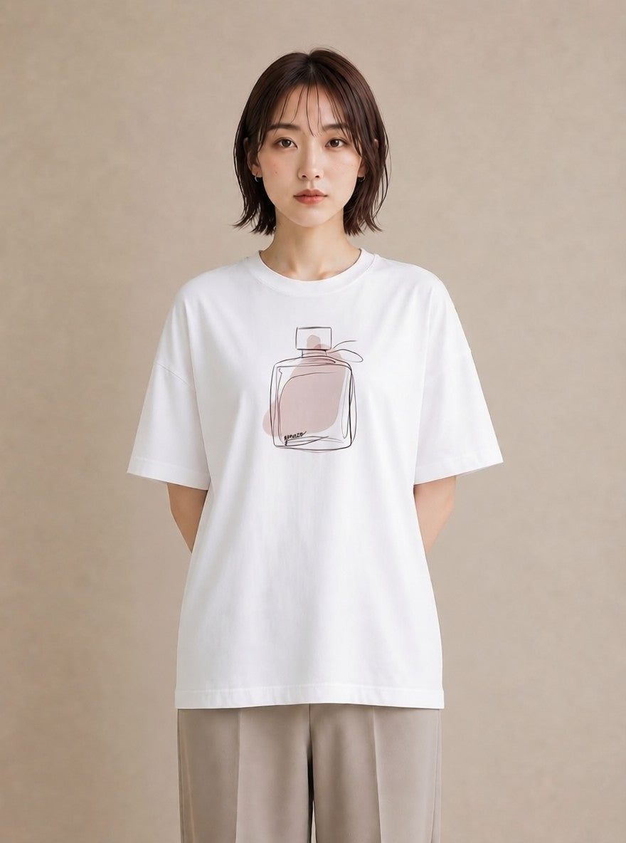 Tシャツ レディース ガラス瓶 小枝 ボタニカル ナチュラル アンティーク イラスト 休日 ペアコーデ 白T YMAZO