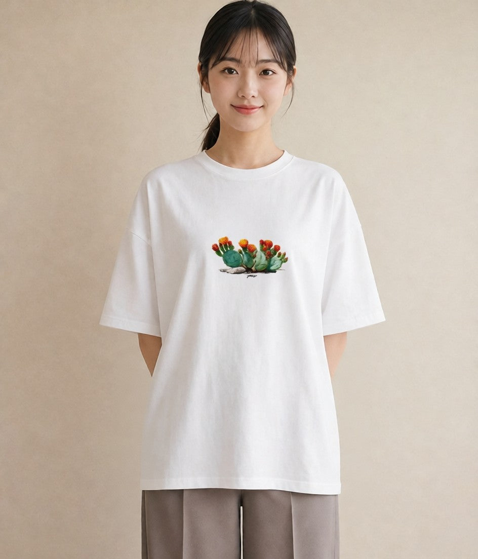 デザインTシャツ レディース サボテン 植物 ボタニカル イラスト ガーリー 夏コーデ 通学 白T YMAZO