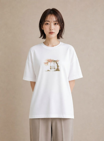 グラフィックTシャツ レディース 雨上がりのベンチ ベンチ ナチュラル アンティーク イラスト ラフカジュアル 秋コーデ おしゃれギフト 白T YMAZO