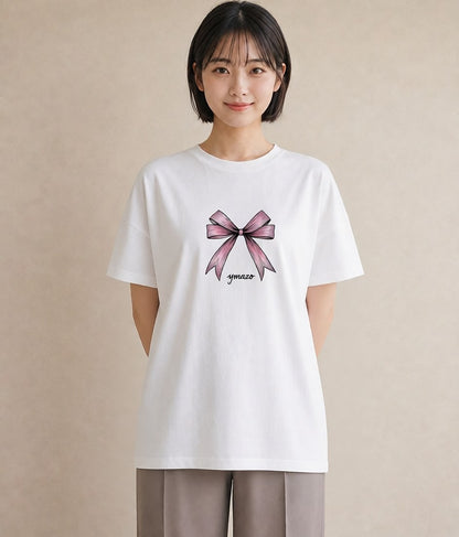 半袖Tシャツ レディース リボン 蝶結び ナチュラル アンティーク イラスト 韓国風 クリスマス 旅行 白T YMAZO