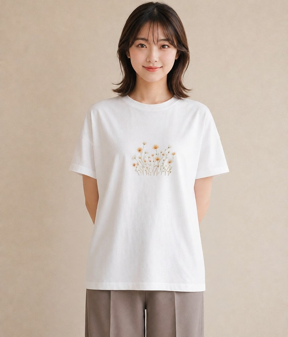 半袖Tシャツ レディース デイジー 花 花柄 イラスト ラフ レイヤード 白T YMAZO