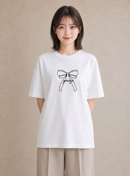 Tシャツ レディース リボン 蝶結び ナチュラル アンティーク イラスト 抜け感 部屋着 女性向けギフト 白T YMAZO