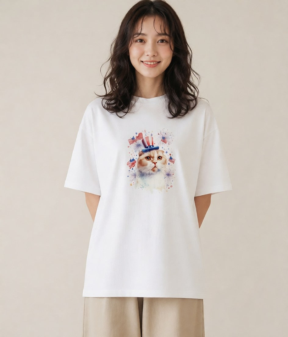 半袖Tシャツ レディース エキゾチックショートヘア 猫 ねこ イラスト レトロ 散歩 お出かけ 白T YMAZO