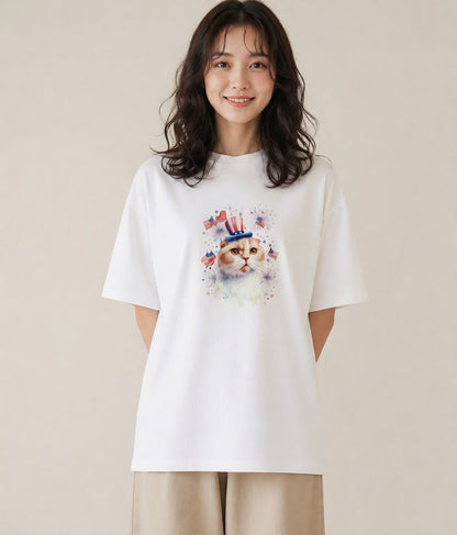 半袖Tシャツ レディース エキゾチックショートヘア 猫 ねこ イラスト レトロ 散歩 お出かけ 白T YMAZO