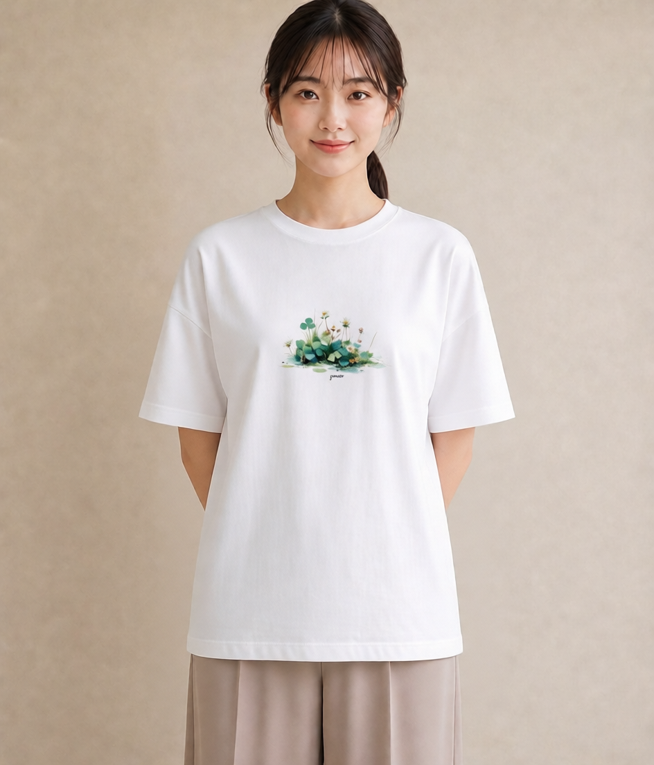 デザインTシャツ レディース クローバー 四つ葉 花 花柄 イラスト お洒落 ホワイトデー 春服 白T YMAZO