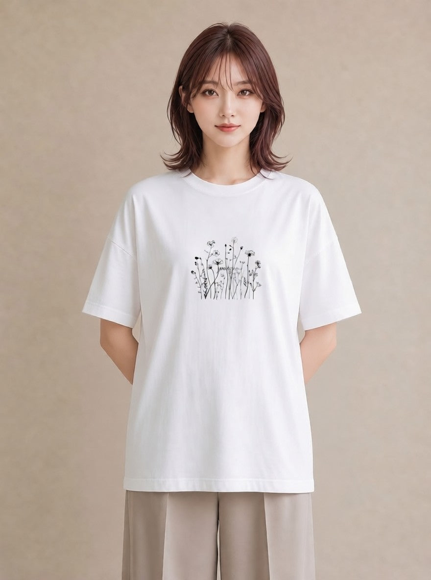 プリントTシャツ レディース 小花 花 フラワー イラスト ラフ 普段着 週末コーデ 白T YMAZO