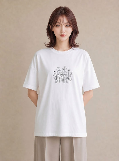 プリントTシャツ レディース 小花 花 フラワー イラスト ラフ 普段着 週末コーデ 白T YMAZO