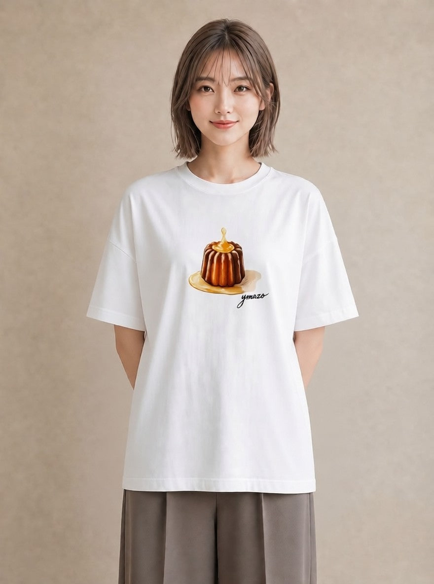 半袖Tシャツ レディース プリン 食べ物 フード イラスト シック 帰省 ラフ 白T YMAZO