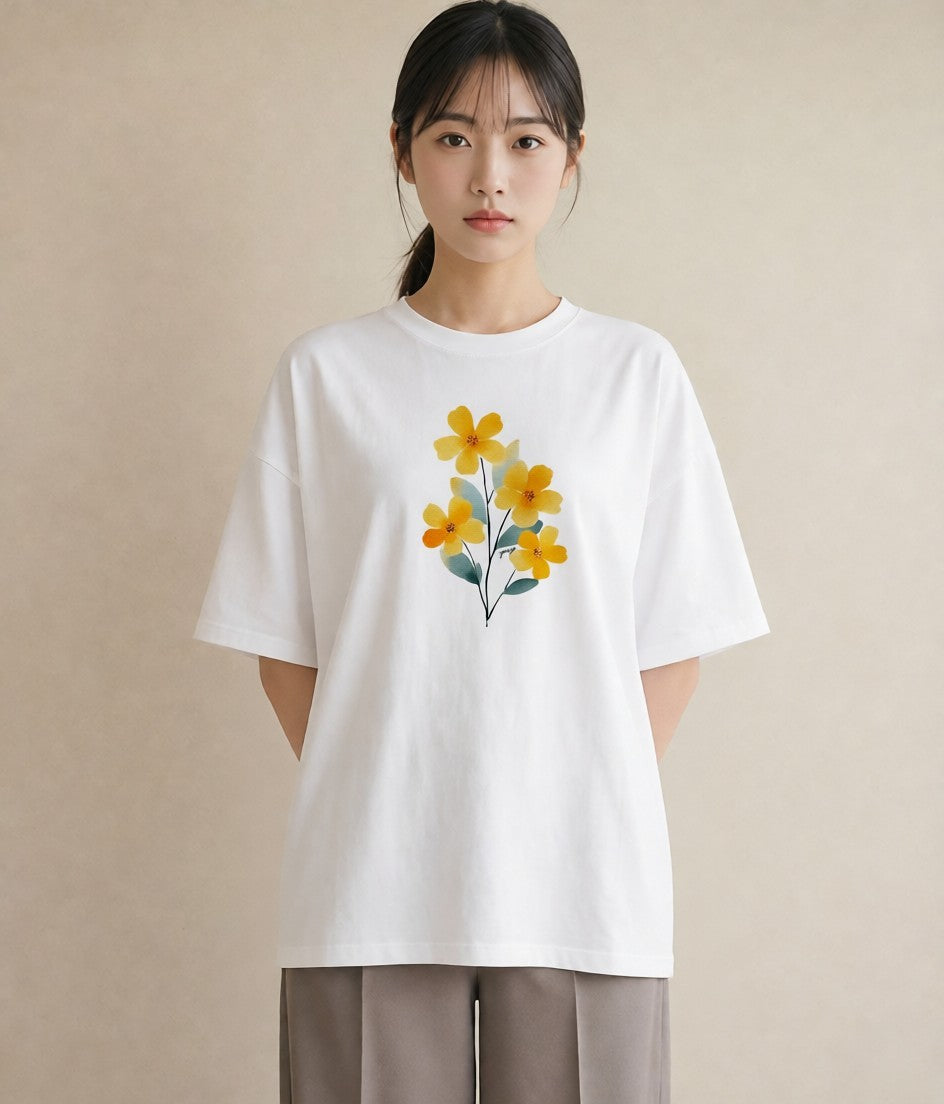 デザインTシャツ レディース ミモザ 花 花柄 イラスト ゆるかわ 旅行 母娘コーデ 白T YMAZO