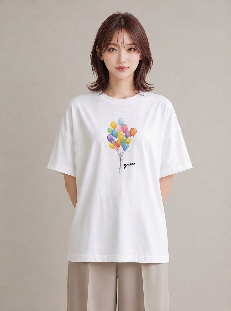 グラフィックTシャツ レディース 紙風船 和紙 ナチュラル アンティーク イラスト ユニーク 敬老の日 ホワイトデー 白T YMAZO