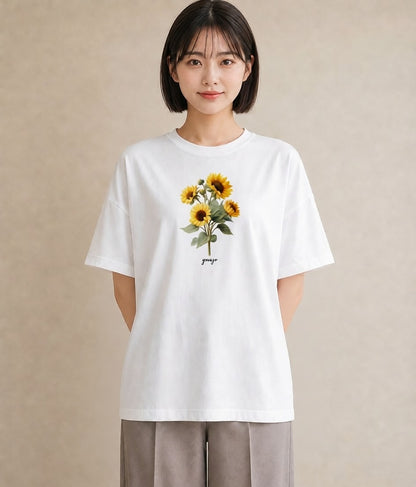 デザインTシャツ レディース ひまわり 向日葵 花 花柄 イラスト ラフカジュアル 部屋着 女性向けギフト 白T YMAZO
