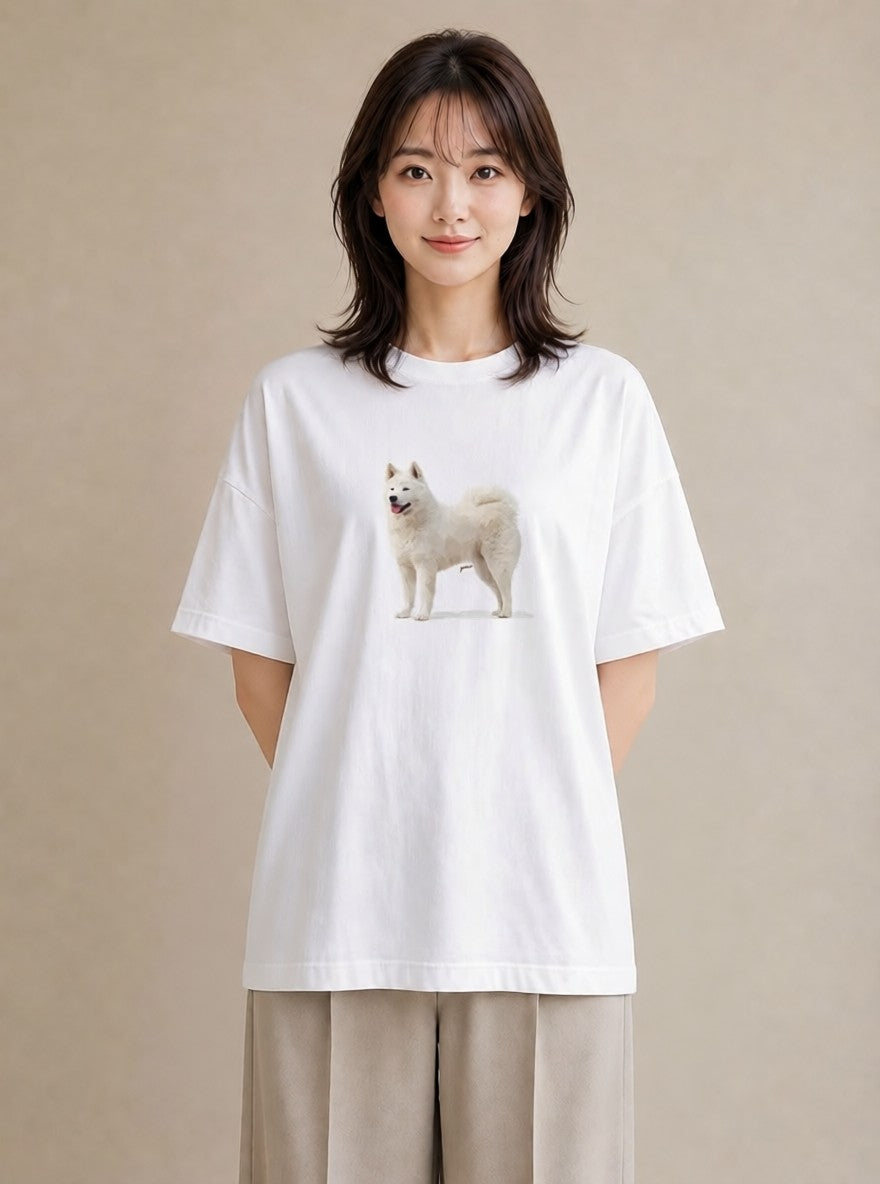 デザインTシャツ レディース サモエド 犬 いぬ イラスト こなれ感 カフェ服 クリスマス 白T YMAZO