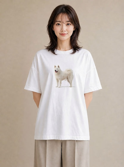 デザインTシャツ レディース サモエド 犬 いぬ イラスト こなれ感 カフェ服 クリスマス 白T YMAZO